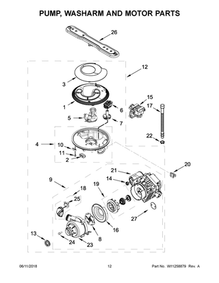 Pump, Washarm And Motor Parts Diagram and Parts List for  Maytag Dishwasher