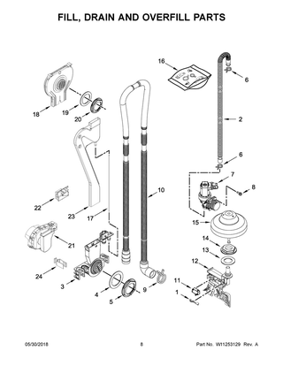 Fill, Drain And Overfill Parts Diagram and Parts List for  Maytag Dishwasher