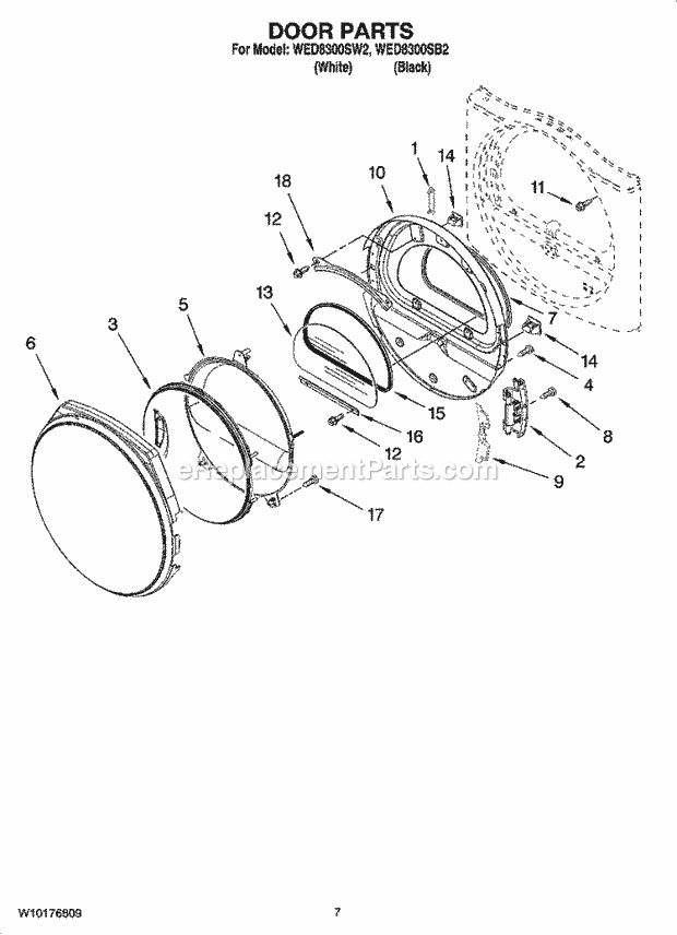 DOOR PARTS, OPTIONAL PARTS (NOT INCLUDED) Diagram and Parts List for  Whirlpool Dryer